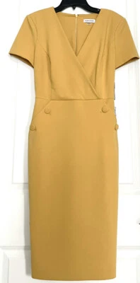 CALVIN KLEIN V-NECK BUTTON SHEATH DRESS, OCHRE, SIZE 8 NWT - Image 1 of 4