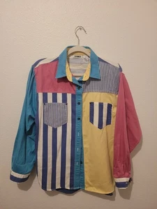 Vintage Gitano Shirt Men L Patchwork Striped Long Sleeve Button Up 90s Hip Hop - Picture 1 of 10
