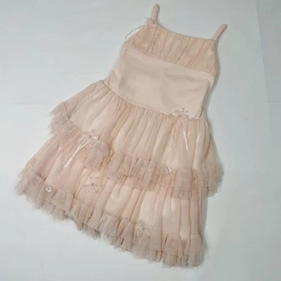 Vestido Biscotti Tul Flores Perladas Acentos Con Cuentas Cinta Atado Espalda Talla 4 Foto 1 de 4