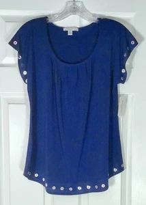 Studio Works Petite Silver-Studded Pleated-Front Blouse Women’s Size PM Blue NEW - Picture 1 of 14