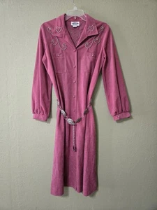 Vintage burgunderrot verziertes Langarmkleid mit Gürtel Größe 14 - Bild 1 von 8