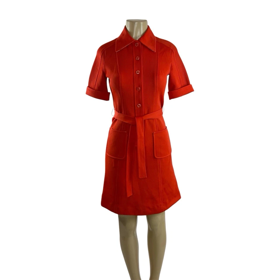 1960s Dress Vintage Mod Ribbed Knit Coral Orange Belted Button Front Butte Knit - Image 1 of 4