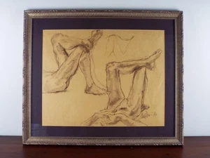 Vintage 70er Liegender Akt Kohle Skizze signiert Klinefelter 1979 gerahmte Kunst - Bild 1 von 11