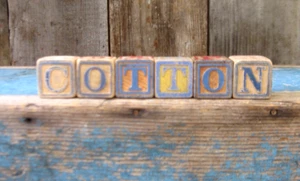 Very Small Antique Wood Alphabet ABC Blocks Original Blue Paint Spell COTTON - Picture 1 of 6