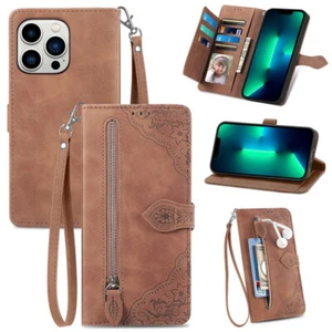 For iPhone 13 14 15 Pro Max 12 11 16 Leather Wallet Shockproof Flip Case Cover - Picture 1 of 17