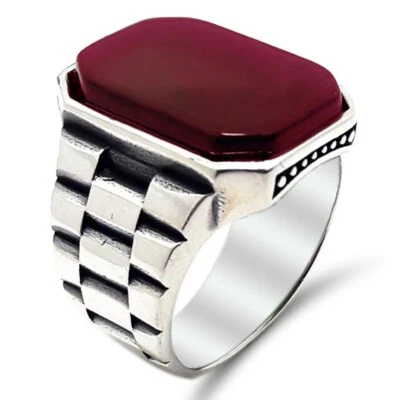 Solid 925 Sterling Silver Agate Stone Watch Cord Men's Ring - Image 1 of 4