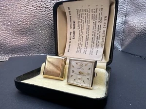 VINTAGE 17J SWISS ENDURA WATCH CUFF LINKS GOLD PLATED STUNNING NEW IN BOX - Picture 1 of 4