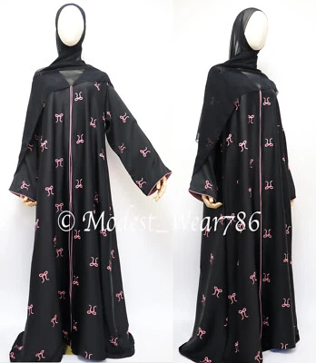 Vestido Musulmán Dubai Abaya Abierto Línea A Botones Rosa Arrugado Lazo Bordado Negro Foto 1 de 4