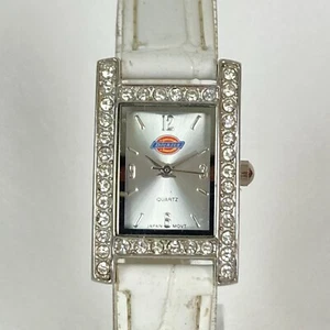 Dickies Tank Watch Women Silver Tone Pave Bezel Bling White Band New Battery - Picture 1 of 18