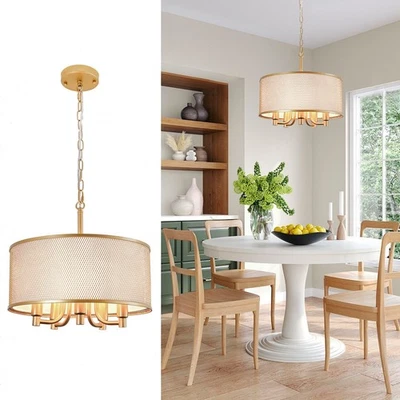 Lámparas de araña de tambor modernas de 17" con pantalla de tela blanca araña de granja de 5 luces Foto 1 de 4