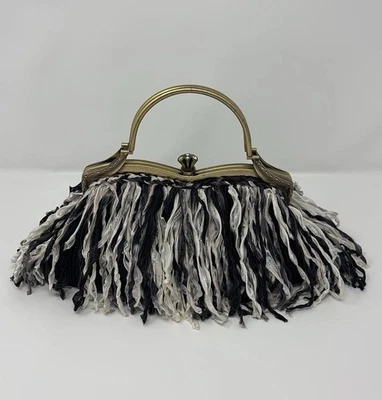Fringe Clutch Black White Purse Cocktail Whimsigoth Halloween Formal HoCo Party - Image 1 of 4