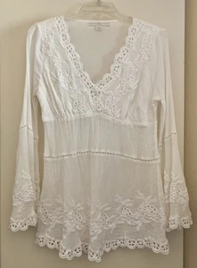 Top túnica Boston Proper blanco boho bordado talla S algodón gasa manga larga - Imagen 1 de 5