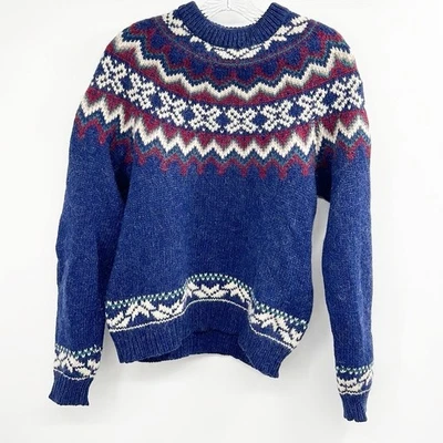 Cárdigan suéter Woolrich Fair Isle ciruela azul blanco rojo para mujer talla mediana Foto 1 de 4