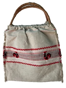 Vtg Roosters Embroidered Bag Fringe Woven Cotton Double Rattan Handles Boho - Picture 1 of 9