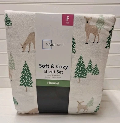 Mainstays 100% Cotton Full Sized Flannel Sheets Set - Deer And Pine Trees - NEW - Image 1 of 3
