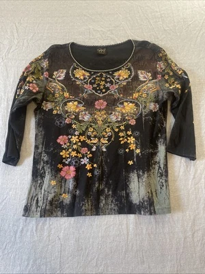 Katina Marie Floral Black Long Sleeve Tee Large - Image 1 of 4