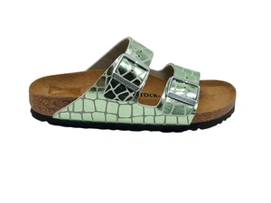 Birkenstock Arizona Shoes Womens Size 6 Green Metallic Croc Sandals Cork Comfort - Picture 1 of 9