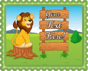 Cute Lion Cartoon with Wooden Sign - Edible Cake Topper or Cupcake Topper - Picture 1 of 15