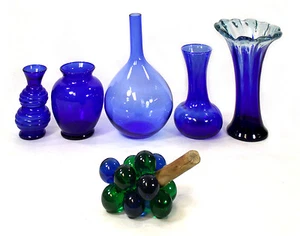 Lot Of 5 Blue - Cobalt Glass Vases & 1 Cobalt Blue & Green Grapes 00151010 - Picture 1 of 1