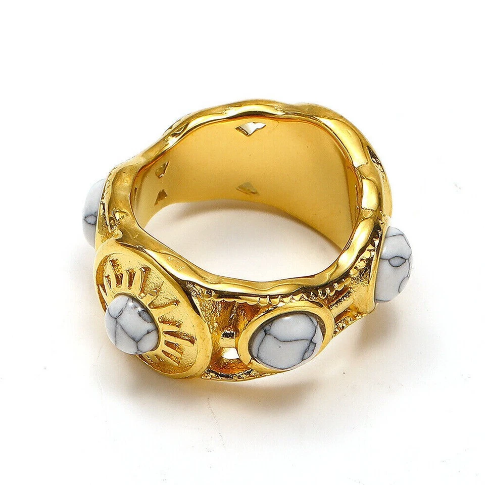 Sun Pattern White Turquoise Wedding Jewelry Ring Stainless Steel Gold Plated Foto 1 de 1