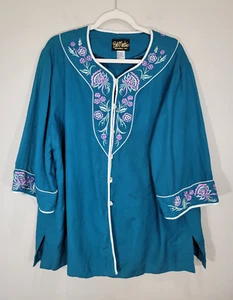 Bob Mackie Wearable Art Blazer 2X Teal Linen Blend Floral Embroidered Jacket - Picture 1 of 8