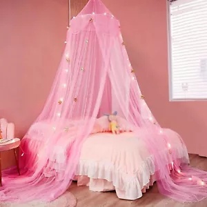 Girls Bed Canopy w/Lights Gold Star Princess Crib Canopy Large Dome Mosquito Net - Picture 1 of 14