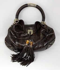 Gucci Python Metallic Brown Hobo Large Handbag Bamboo Tassles Rare with Dust Bag