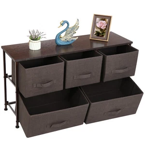 Wide Chest of Storage 5 Fabric Unit Clothes Drawers Closet Tower Hallway Brown - Picture 1 of 12