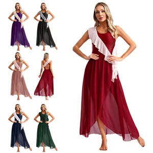 Womens Lyrical Dance Dress Sleeveless Cross Back Ruffles Asymmetrical Dancewear - Bild 1 von 70