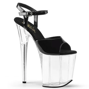 PLEASER FLAMINGO-809 Black Patent Clear Sexy 8" Heel Platform Ankle Strap Sandal - Picture 1 of 6