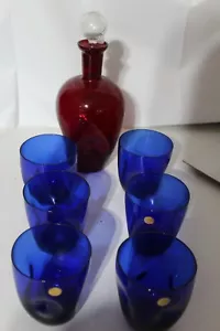 Murano Ruby Red Glass Decanter Set with 6 Blue Wine Glasses Tumblers 1960s - Picture 1 of 7