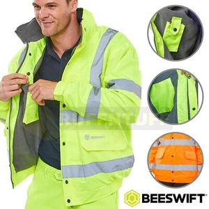 Hi Vis Bomber Jacket Unisex Fleece Line Warm Waterproof Safety Hooded Work Wear - Picture 1 of 8
