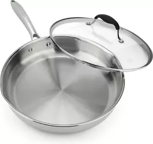 18/10 12 Inch Stainless Steel Frying Pan with Lid, Side Spouts, Induction Pan, V - Picture 1 of 7