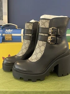 Gucci Leather Black Brown GG Print Ankle Boots Size 3.5UK/EU36.5 - Picture 1 of 10
