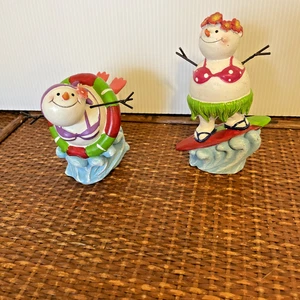 Snowman Bathing Suit Figurines Frolicking in Ocean Colorful and Happy pair - Picture 1 of 10