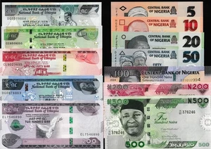 Billete África 2 juegos Etiopía 5,10,50,100,200Birr y Nigeria 5,10,20,50,100,200,500N - Imagen 1 de 2