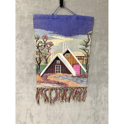 Handmade Wool Tapestry Wall Hanging Cottage Scene with Fringes 3D style - Image 1 of 4