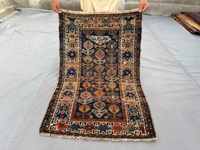 Caucasian Medallion Rug 2.7x4 ft Antique Low Pile Distressed Wool Tribal Carpet - Image 1 of 4