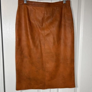 MOSCHINO Sheepskin LEATHER SKIRT Sz 10 Orange Midi Lined Back Slit 29 Pencil - Picture 1 of 9