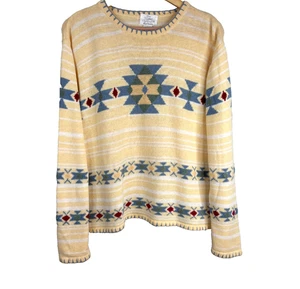 VTG 90s Christopher Banks Southwestern Sweater L Butter Yellow Hand Embroidered - Picture 1 of 8