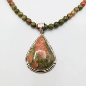 20” Sterling & Unakite Green and Pink Jasper Necklace 6mm Beads - Picture 1 of 7