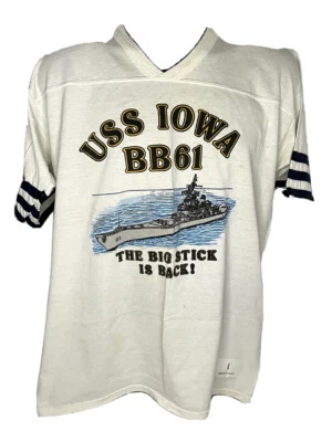 1980s USS IOWA BB-61 STRIPED SLEEVE WHITE V NECK SHIRT US NAVY LARGE VINTAGE - Image 1 of 4