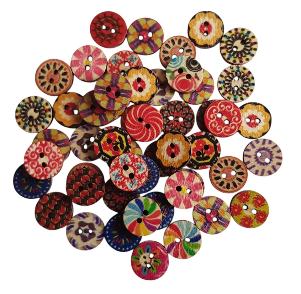 50 x Knöpfe Holzknöpfe 15 mm Vintage Retro Indisch Knopfmischung  NEU - Bild 1 von 1