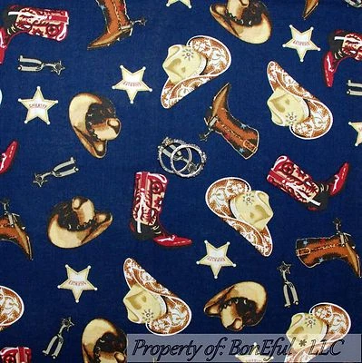 BonEful Fabric FQ Cotton Quilt VTG Navy Blue Horse Shoe Bandanna Cowboy Star USA - Image 1 of 4
