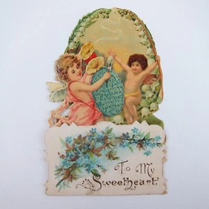 Vintage Valentine 3D Pop Up Die Cut Angel Boys Dance Drum Music Blue Flowers - Picture 1 of 12