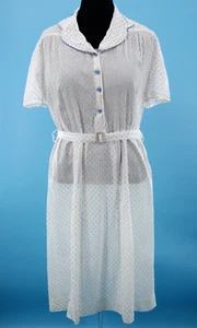 VTG Women's 20s White & Blue Sheer Cotton Shirtwaist Dress W/ Belt Sz L 1920s - Picture 1 of 23