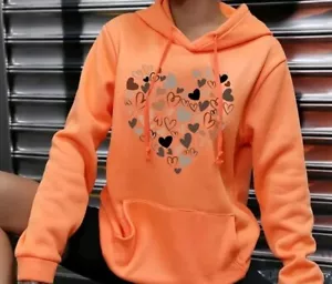 Women Graphic Big+Sm Hearts Print Pullover Loose Orange Sweatshirt Hoodie Sm 4 - Picture 1 of 9