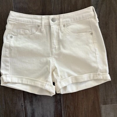 Mossimo Midi Shorts Women's 0 White Denim Cotton Stretch High-Rise Cuffed Hem - Image 1 of 4