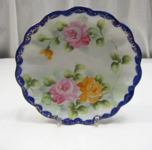 Vintage Nippon Art Pottery Decorative Plate Cobalt Blue with Roses 3-B - Picture 1 of 8