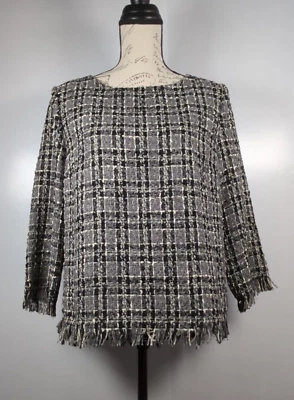 Anne Klein женщин средний твид с бахромой клетку верхний серый с подкладкой Boxy - новый с Ярлыками $119 - Изображение 1 из 4